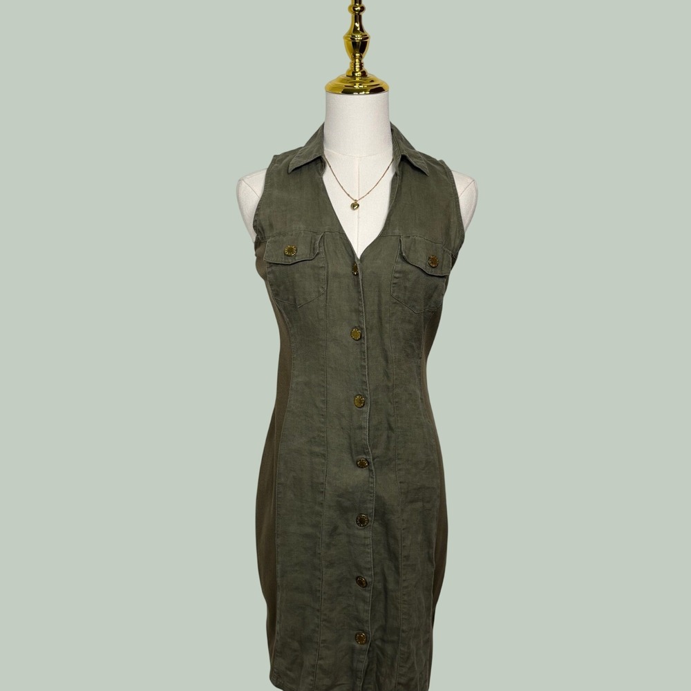 guess 100% linen olive green gold button up mini dress boho chic forest cottage